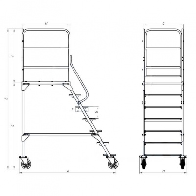 Лестница передвижная, шесть ступеней и один лестничный марш ЛР 6.1 1613х791х2330 с колесами d160мм